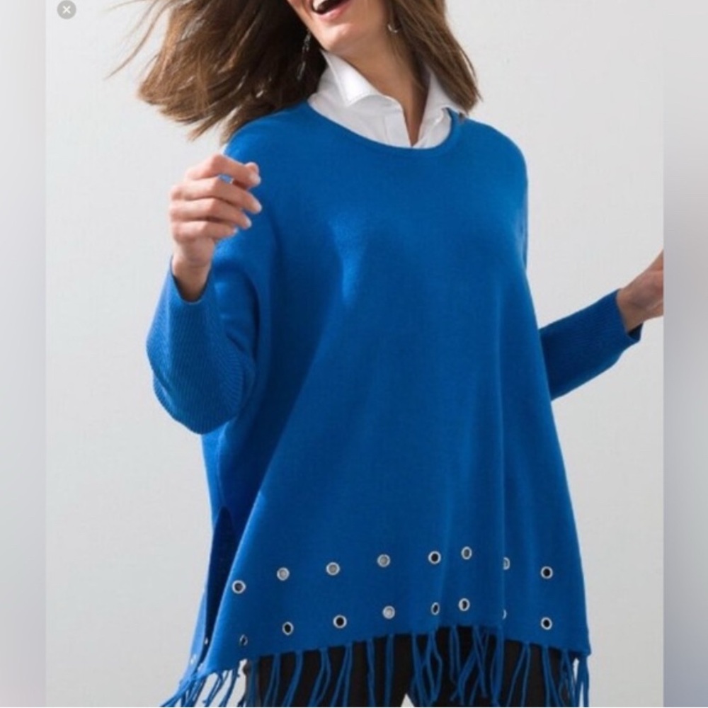 Chico’s Sweater Grommets Fringe Detail Blue size L/XL Coastal Grandma Cobalt